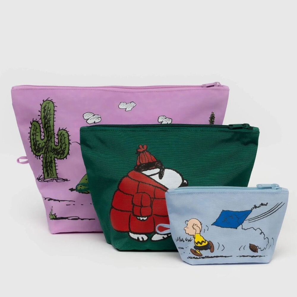 NWT Baggu Go Pouch Set - Peanuts (Kite Eating Tree, Puffer Snoopy, Pink Spike) - Picture 1 of 6